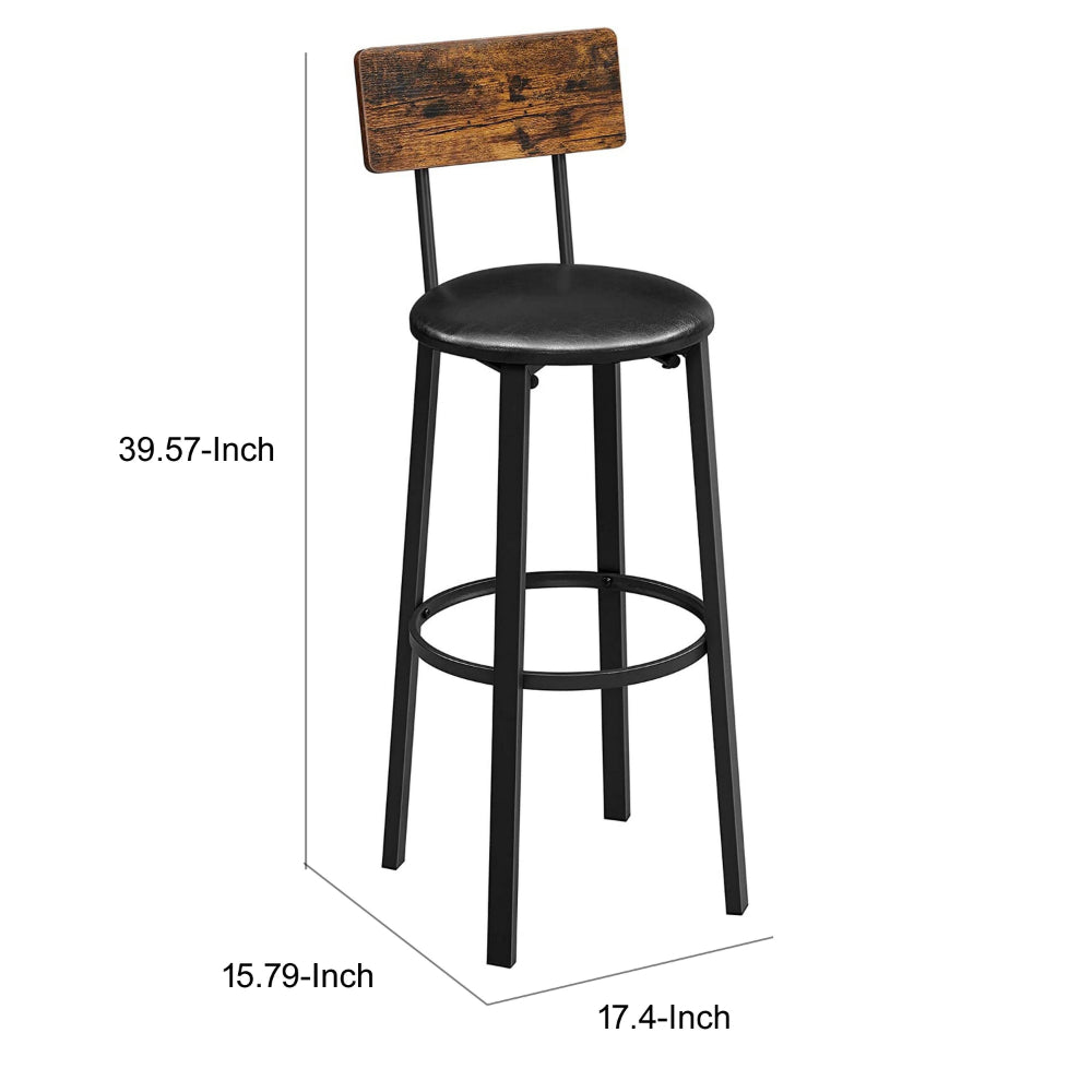 30 Inch Barstool Chair Set of 2, Brown Wood Panel Back, Round Black Steel - BM316233