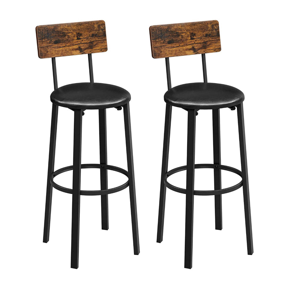 30 Inch Barstool Chair Set of 2, Brown Wood Panel Back, Round Black Steel - BM316233