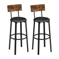 30 Inch Barstool Chair Set of 2, Brown Wood Panel Back, Round Black Steel - BM316233