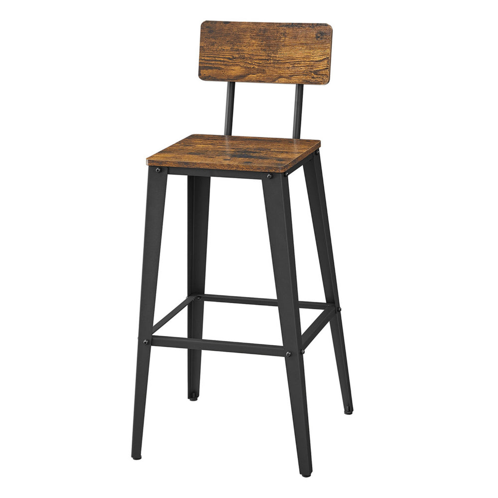 29 Inch Industrial Barstool Chair Set of 2, Panel Back, Brown, Black Steel - BM316235