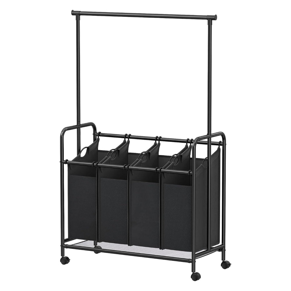 68 Inch Laundry Sorter, 4 Baskets, Hanging Bar, Caster Wheel, Black Finish - BM316237