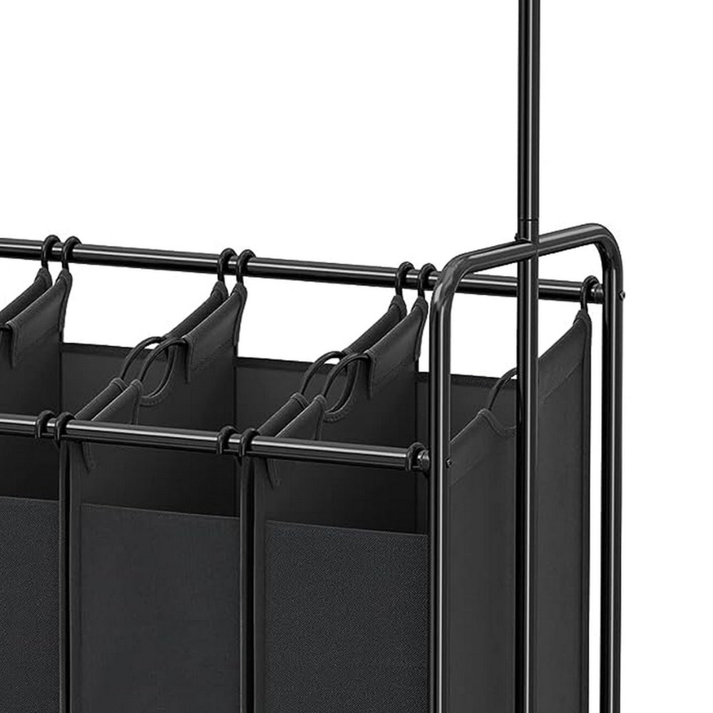 68 Inch Laundry Sorter, 4 Baskets, Hanging Bar, Caster Wheel, Black Finish - BM316237