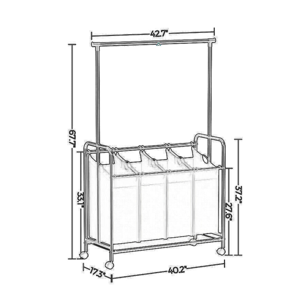 68 Inch Laundry Sorter, 4 Baskets, Hanging Bar, Caster Wheel, Black Finish - BM316237