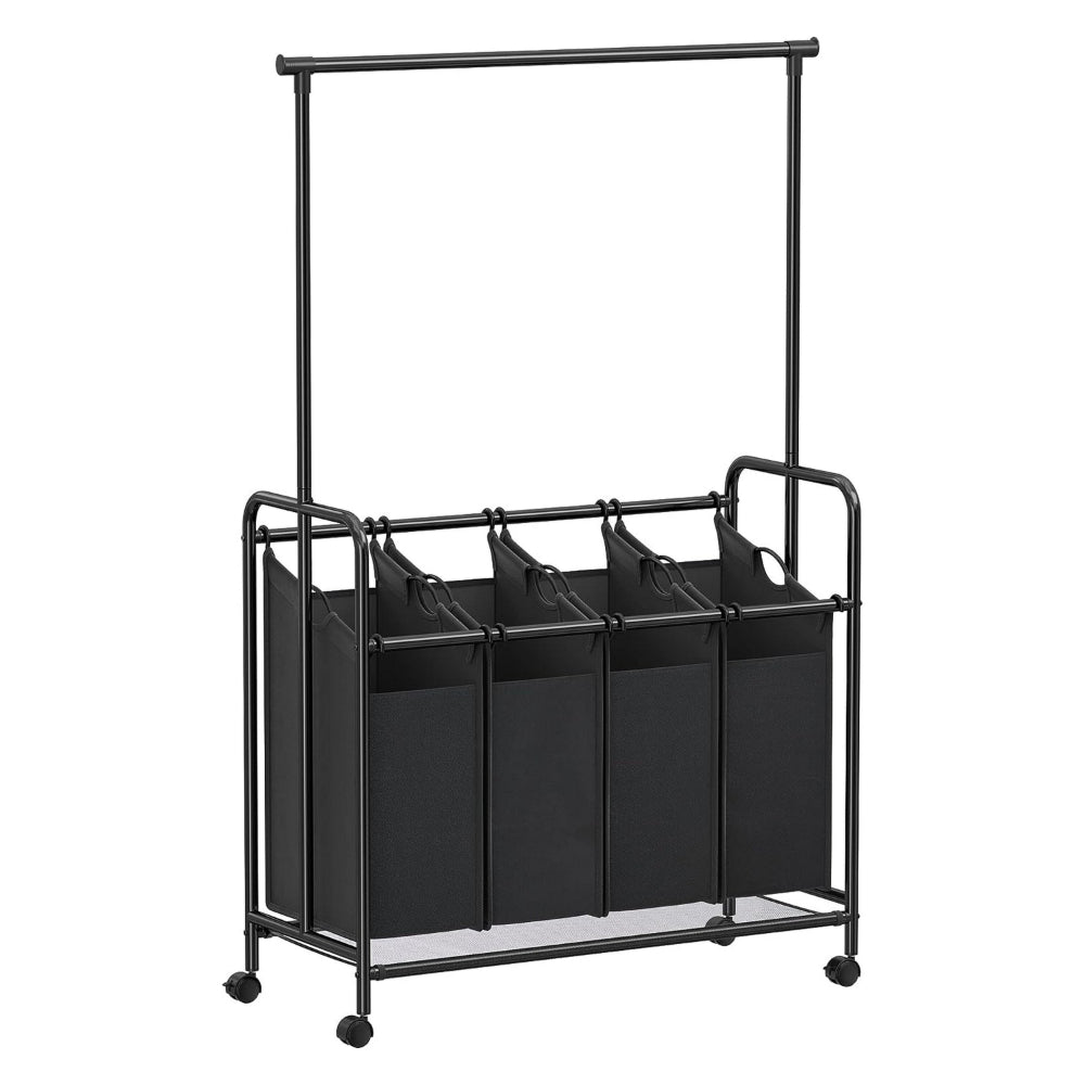 68 Inch Laundry Sorter, 4 Baskets, Hanging Bar, Caster Wheel, Black Finish - BM316237