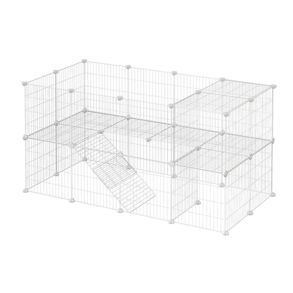 Havi 56 Inch Small Pet Cube Playpen, 2 Tier Enclosure, Ladder, White Metal - BM316242