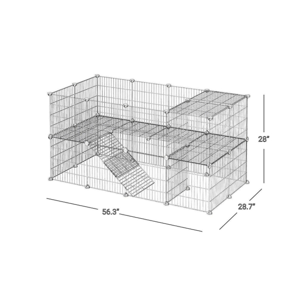 Havi 56 Inch Small Pet Cube Playpen, 2 Tier Enclosure, Ladder, White Metal - BM316242