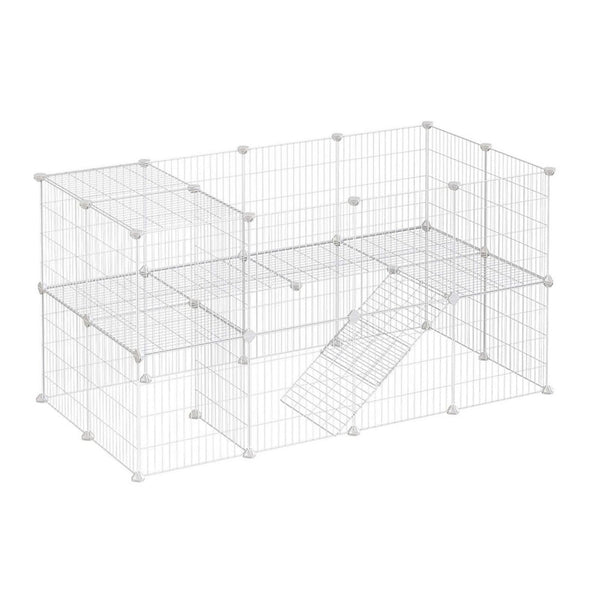 Havi 56 Inch Small Pet Cube Playpen, 2 Tier Enclosure, Ladder, White Metal - BM316242