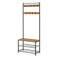 69 Inch Clothing Rack, 3 Shelves, 9 Hooks, Square Seat, Black Metal, Brown - BM316254