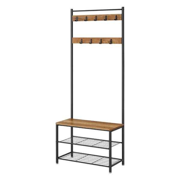 69 Inch Clothing Rack, 3 Shelves, 9 Hooks, Square Seat, Black Metal, Brown - BM316254