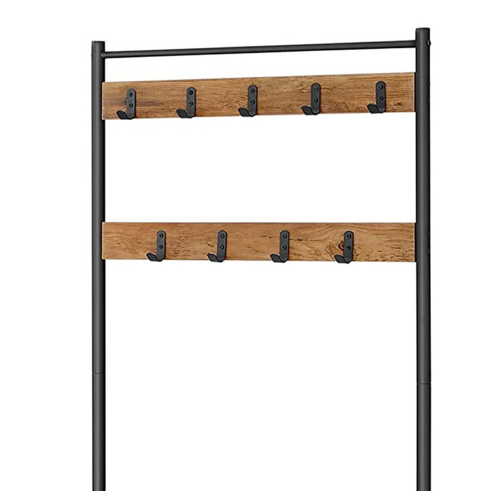 69 Inch Clothing Rack, 3 Shelves, 9 Hooks, Square Seat, Black Metal, Brown - BM316254