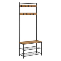 69 Inch Clothing Rack, 3 Shelves, 9 Hooks, Square Seat, Black Metal, Brown - BM316254