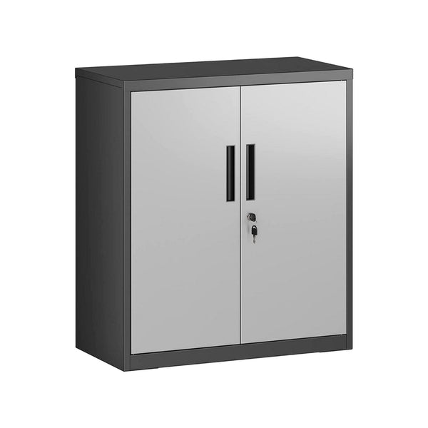 Tira 35 Inch Storage Cabinet with Lock, Shelves, Silver, Black Metal - BM316262