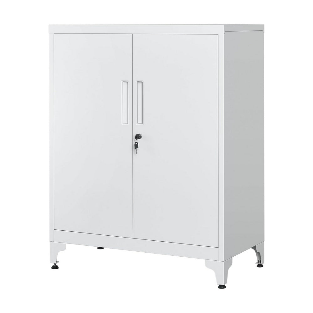 Tira 35 Inch Storage Cabinet with Lock, Shelves, Cutout Handle, Gray Metal - BM316263