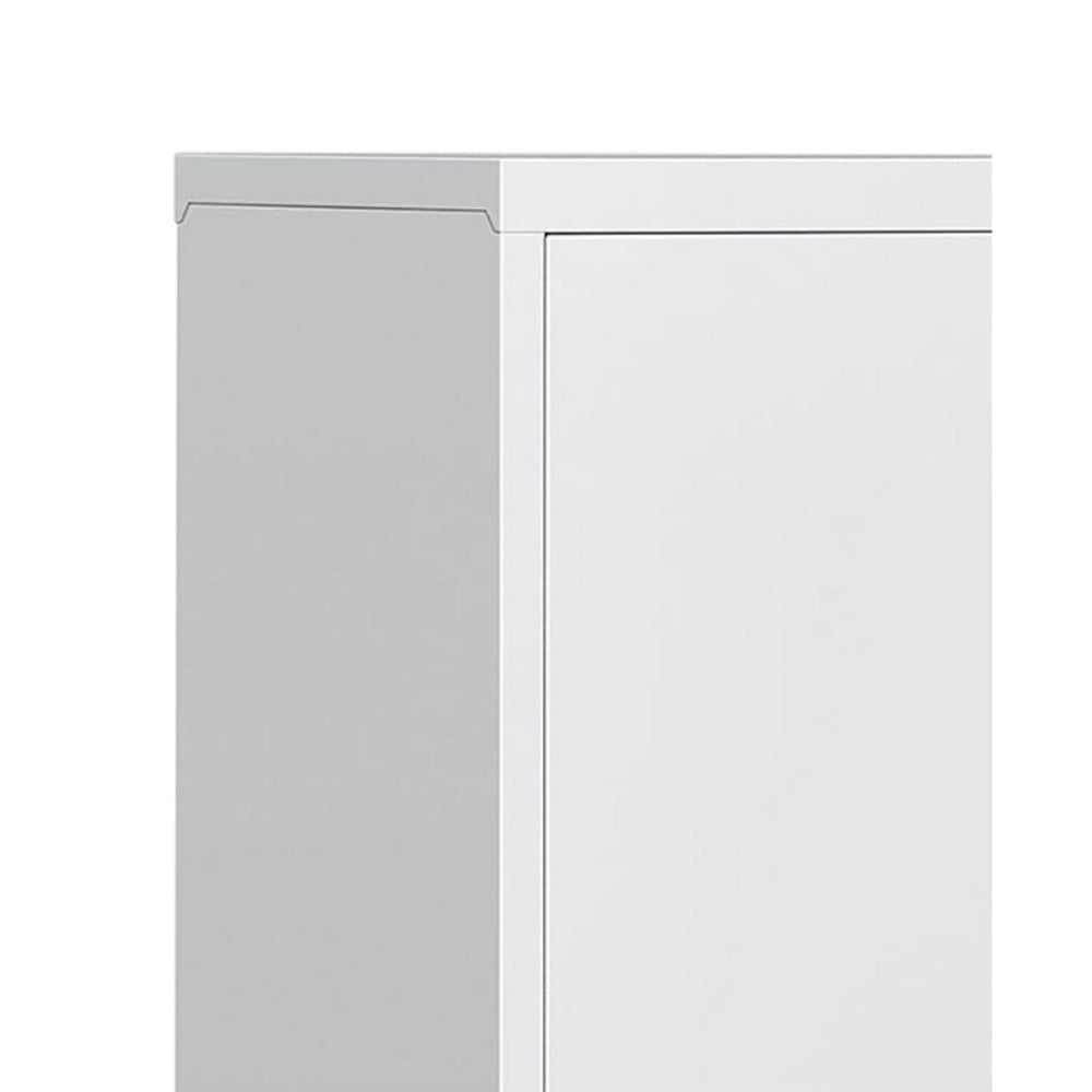 Tira 35 Inch Storage Cabinet with Lock, Shelves, Cutout Handle, Gray Metal - BM316263