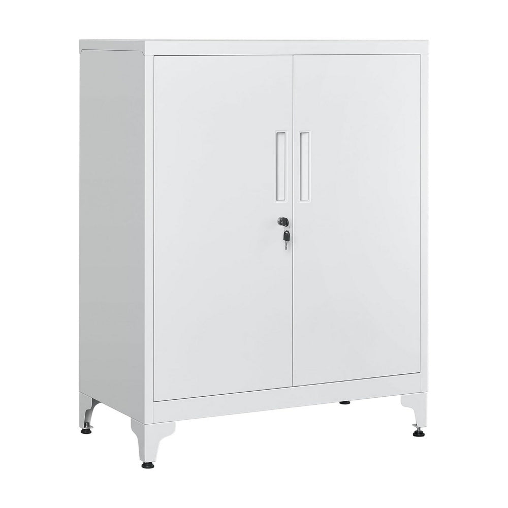 Tira 35 Inch Storage Cabinet with Lock, Shelves, Cutout Handle, Gray Metal - BM316263