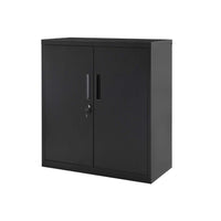 Tira 35 Inch Storage Cabinet with Lock, Shelves, Cutout Handle, Black Metal - BM316264