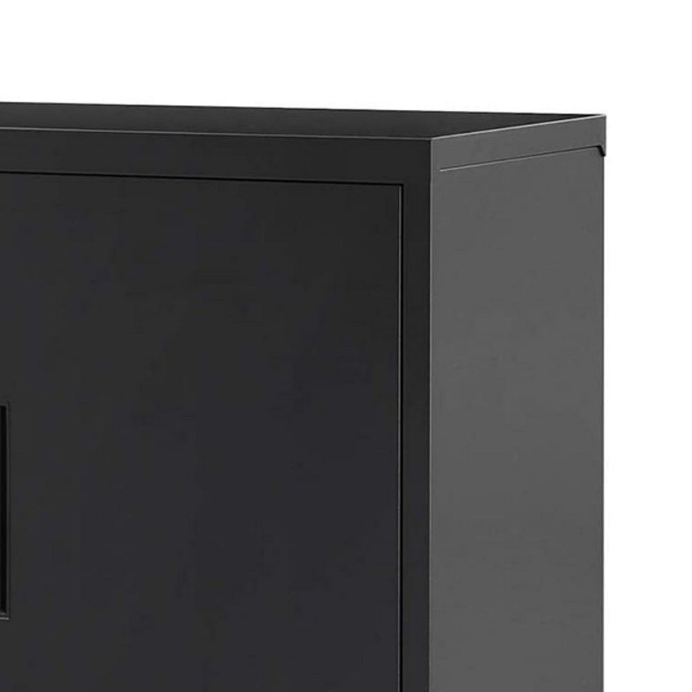 Tira 35 Inch Storage Cabinet with Lock, Shelves, Cutout Handle, Black Metal - BM316264