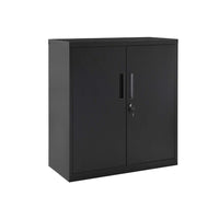 Tira 35 Inch Storage Cabinet with Lock, Shelves, Cutout Handle, Black Metal - BM316264