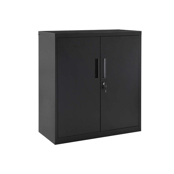 Tira 35 Inch Storage Cabinet with Lock, Shelves, Cutout Handle, Black Metal - BM316264