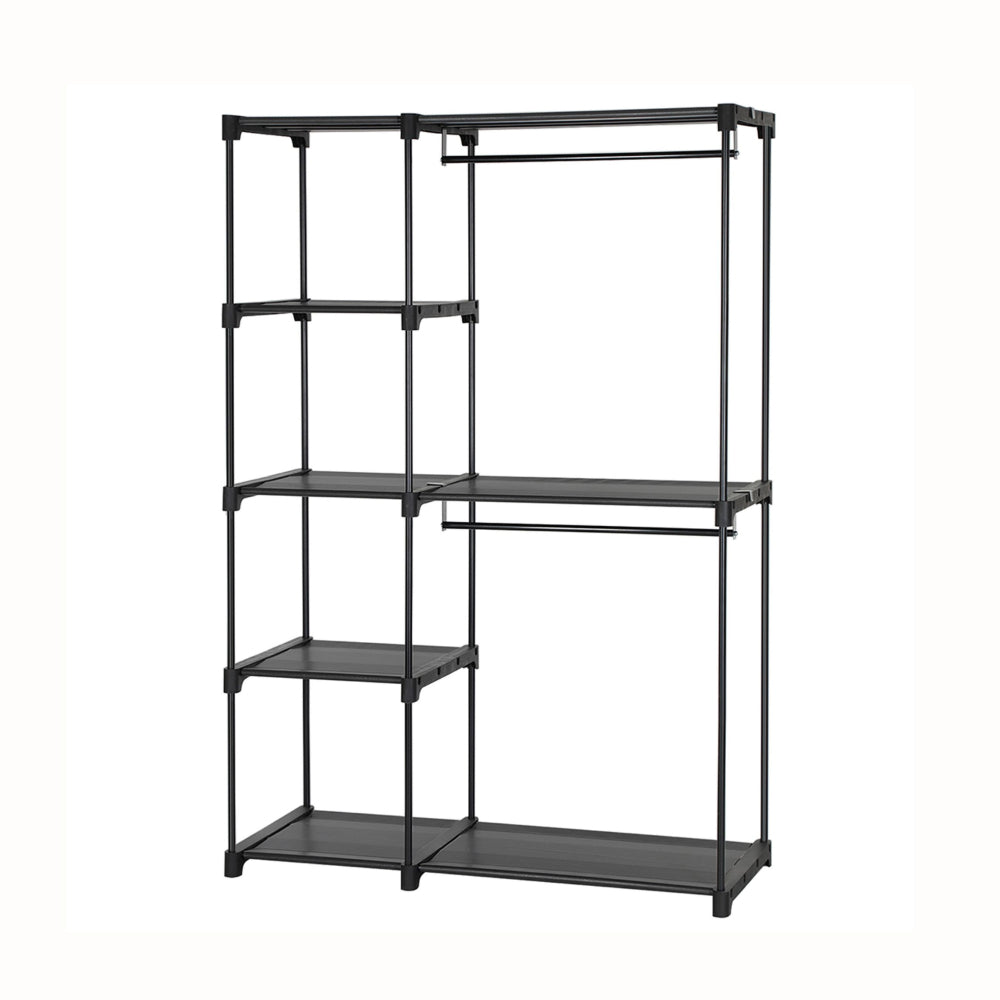 Iko 65 Inch Foldable Wardrobe Rack, 2 Hanging Areas, 4 Shelves, Black Metal - BM316266