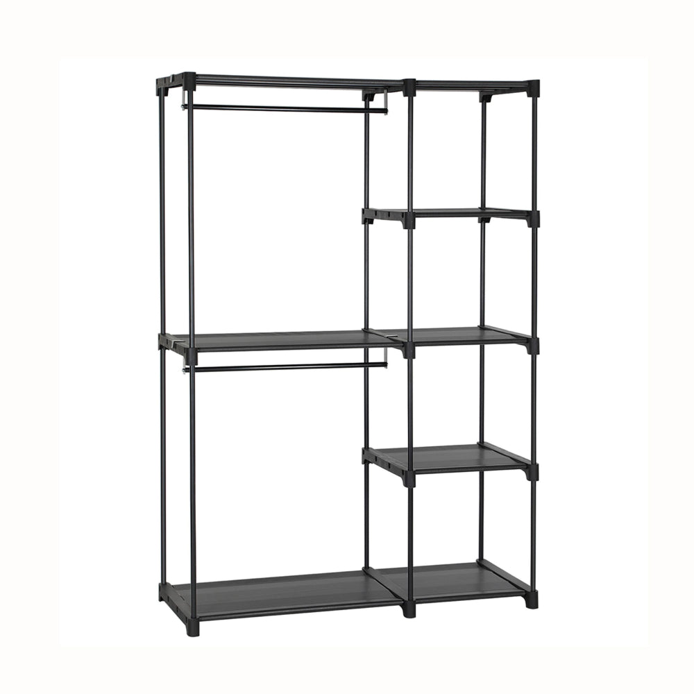 Iko 65 Inch Foldable Wardrobe Rack, 2 Hanging Areas, 4 Shelves, Black Metal - BM316266