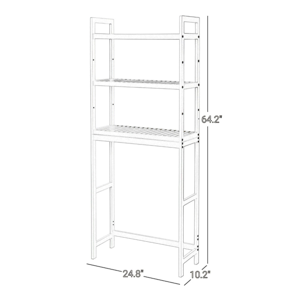 Vali 64 Inch Over Toilet Rack, 3 Slatted Style Shelves, White Bamboo Frame - BM316269