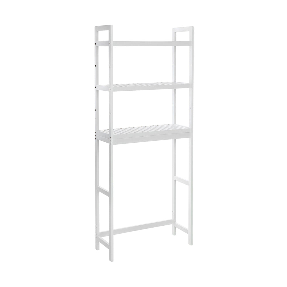 Vali 64 Inch Over Toilet Rack, 3 Slatted Style Shelves, White Bamboo Frame - BM316269