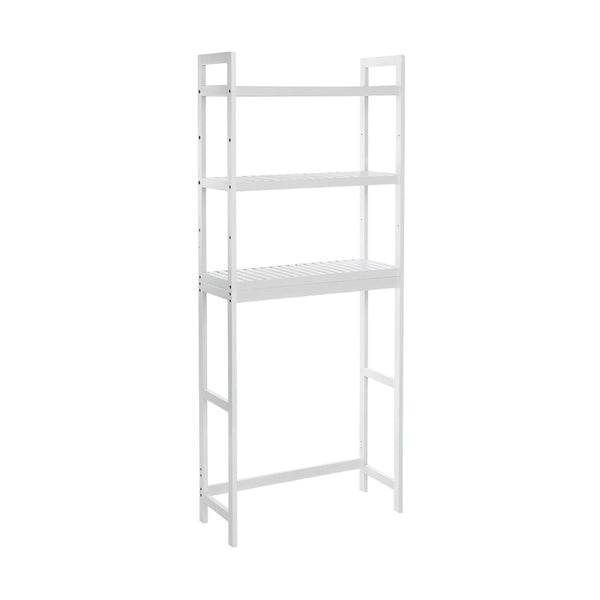 Vali 64 Inch Over Toilet Rack, 3 Slatted Style Shelves, White Bamboo Frame - BM316269