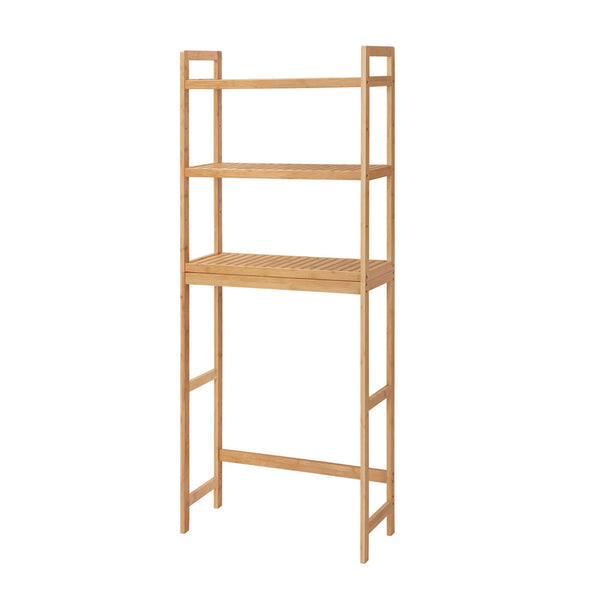 Vali 64 Inch Over Toilet Rack, 3 Slatted Style Shelves, Brown Bamboo Frame - BM316270