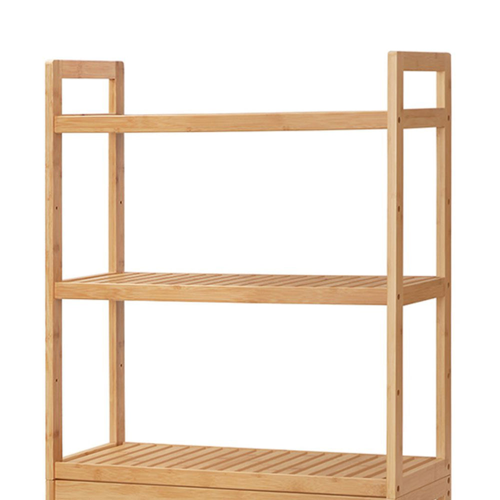 Vali 64 Inch Over Toilet Rack, 3 Slatted Style Shelves, Brown Bamboo Frame - BM316270