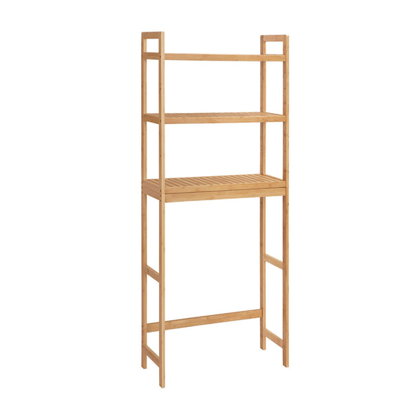 Vali 64 Inch Over Toilet Rack, 3 Slatted Style Shelves, Brown Bamboo Frame - BM316270