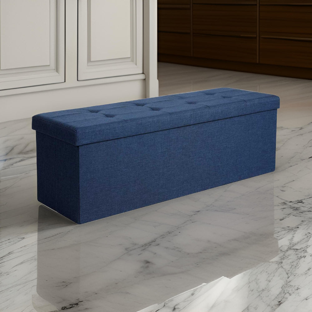 Zok 43 Inch Folding Storage Ottoman Bench, Tufted, Removable Top, Dark Blue - BM316279