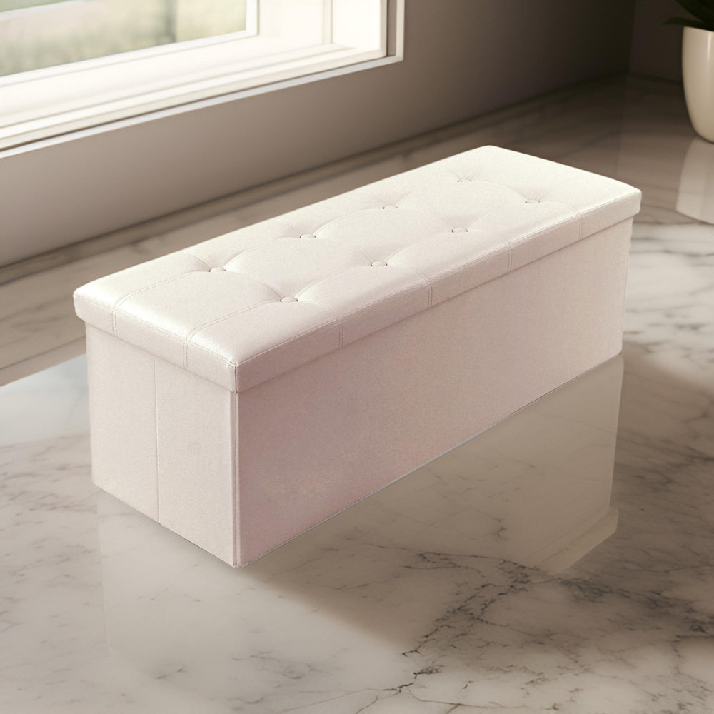 Zok 43 Inch Folding Storage Ottoman Bench, Tufted, Removable Top, White - BM316282