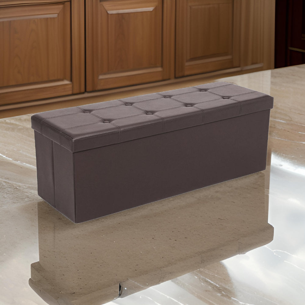 Zok 43 Inch Folding Storage Ottoman Bench, Removable Top Brown Faux Leather - BM316283