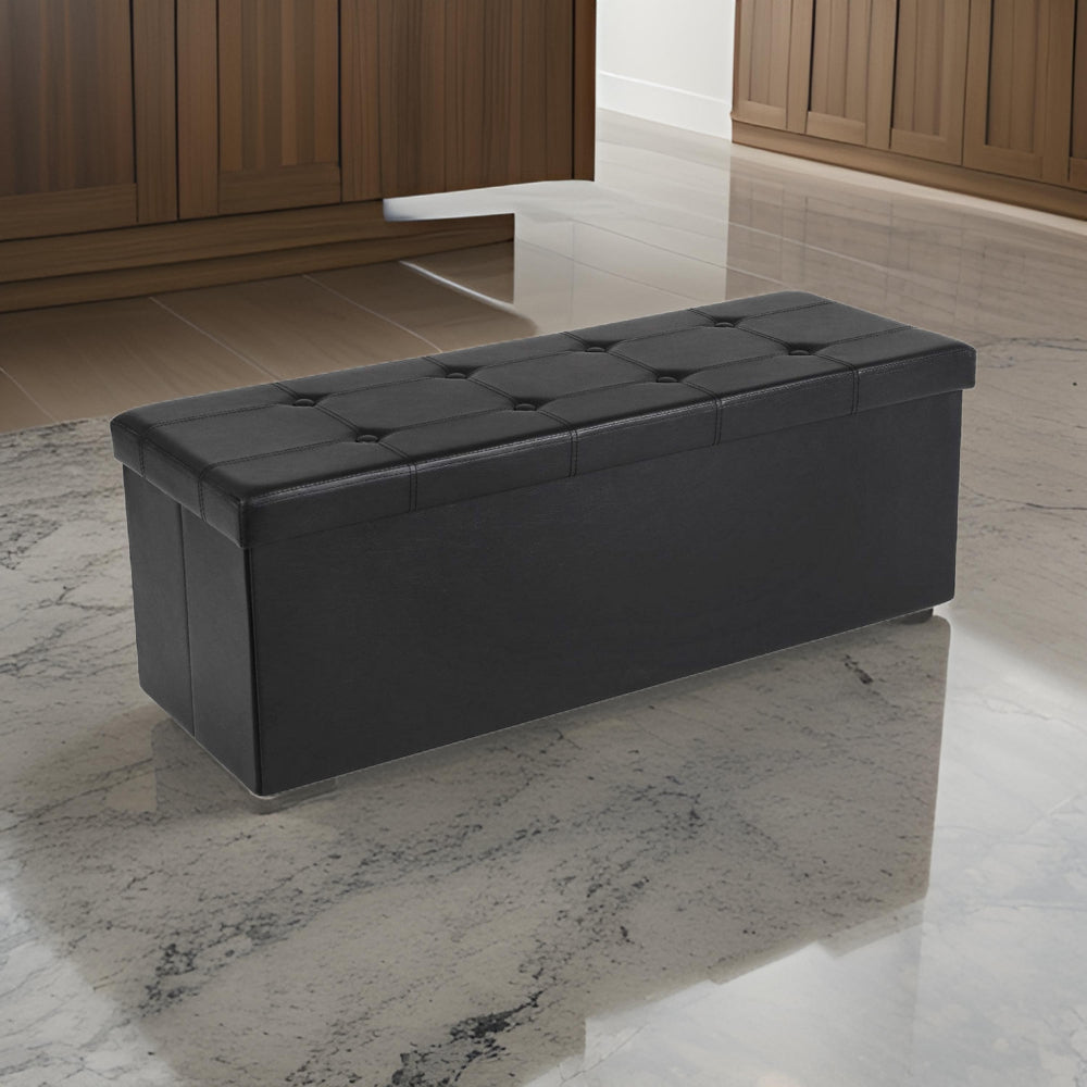 Zok 43 Inch Folding Storage Ottoman Bench, Tufted, Removable Top, Black - BM316285