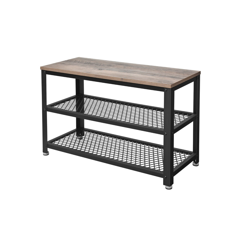 Jex 29 Inch Storage Bench Shoe Rack, Mesh Shelves, Black Steel, Brown Wood - BM316293