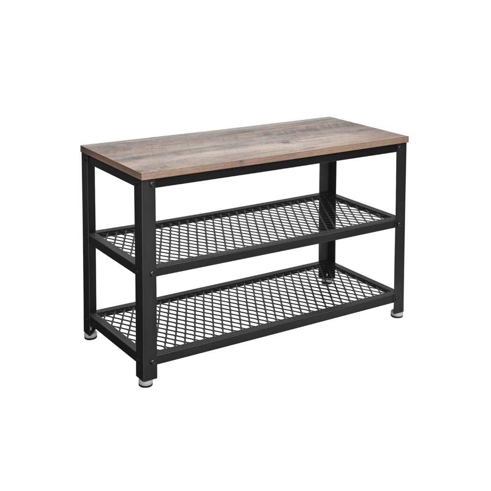 Jex 29 Inch Storage Bench Shoe Rack, Mesh Shelves, Black Steel, Brown Wood - BM316293