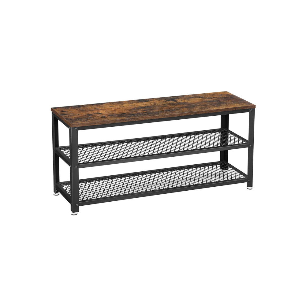 Jex 39 Inch Storage Bench Shoe Rack, Mesh Shelves, Black Steel, Brown Wood - BM316294