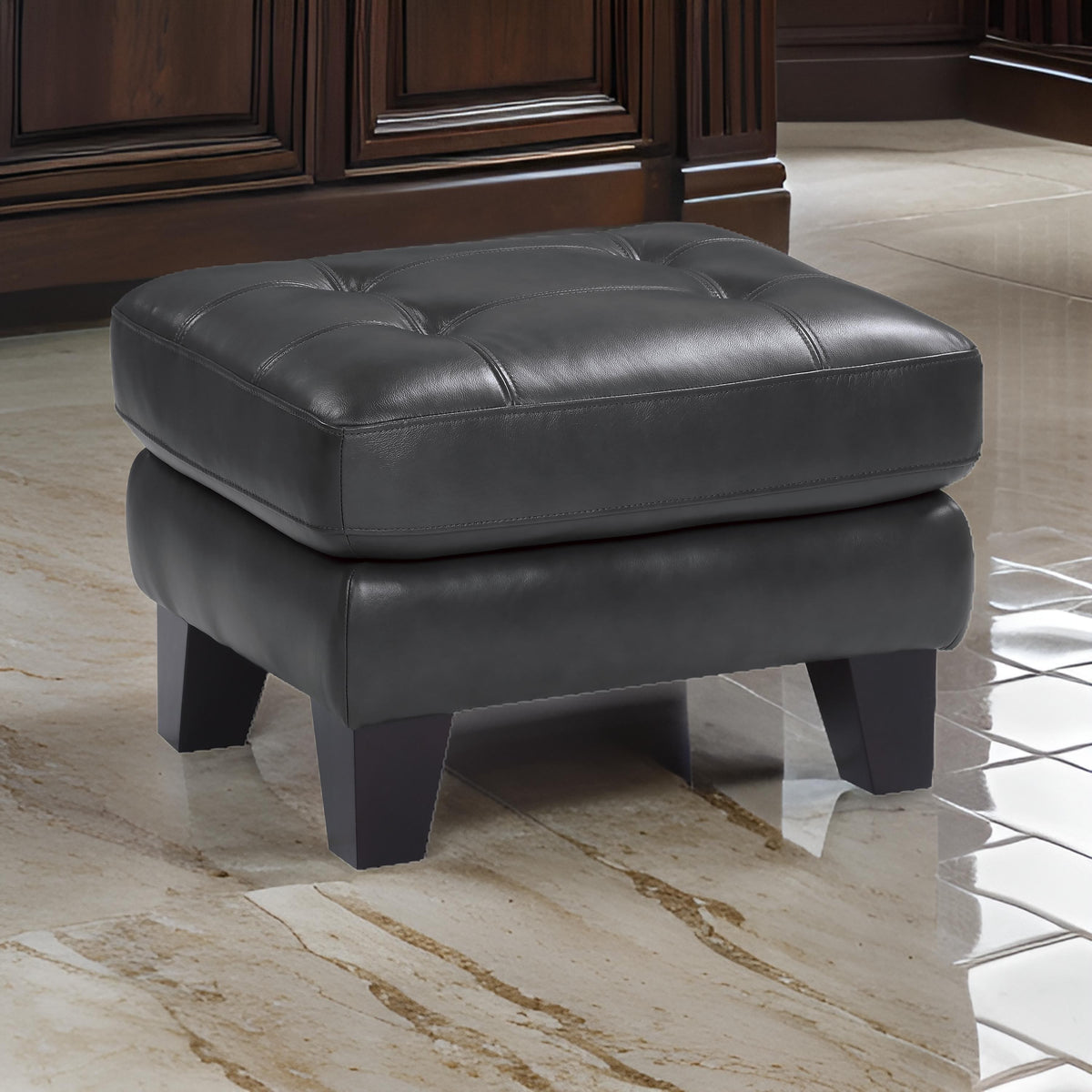 Sofy 27 Inch Ottoman, Dark Gray Top Grain and Faux Leather, Solid Wood - BM316331