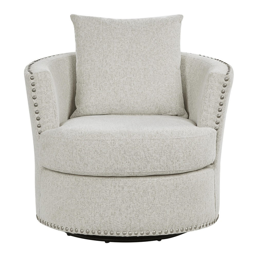 Meil 34 Inch Swivel Accent Chair, Beige Chenille, Nailhead Trim, Solid Wood - BM316335