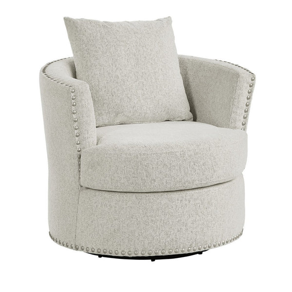 Meil 34 Inch Swivel Accent Chair, Beige Chenille, Nailhead Trim, Solid Wood - BM316335