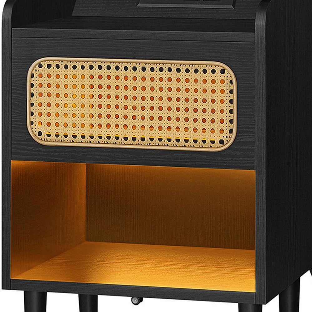 Ada 24 Inch Nightstand, Woven Drawer and Light, 1 Open Shelf, Black - BM316378