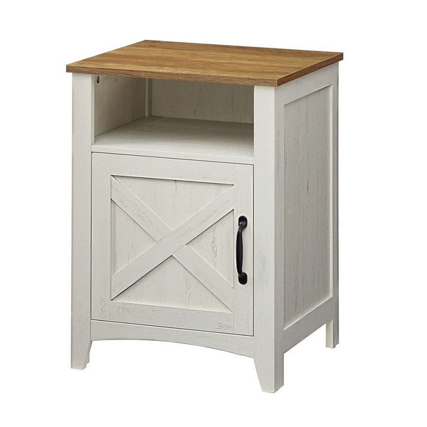 Eva 24 Inch Nightstand, 1 Barn Cabinet, Open Top Shelf, White and Brown - BM316381