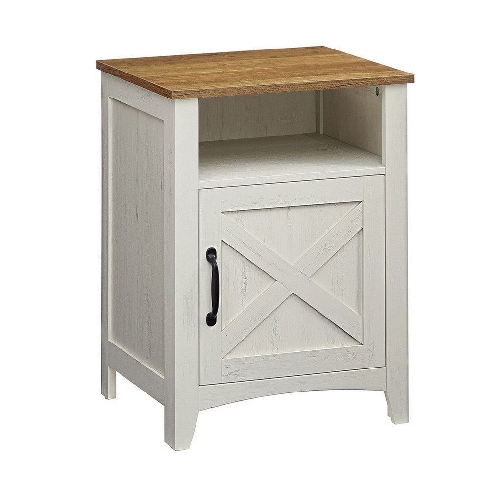 Eva 24 Inch Nightstand, 1 Barn Cabinet, Open Top Shelf, White and Brown - BM316381