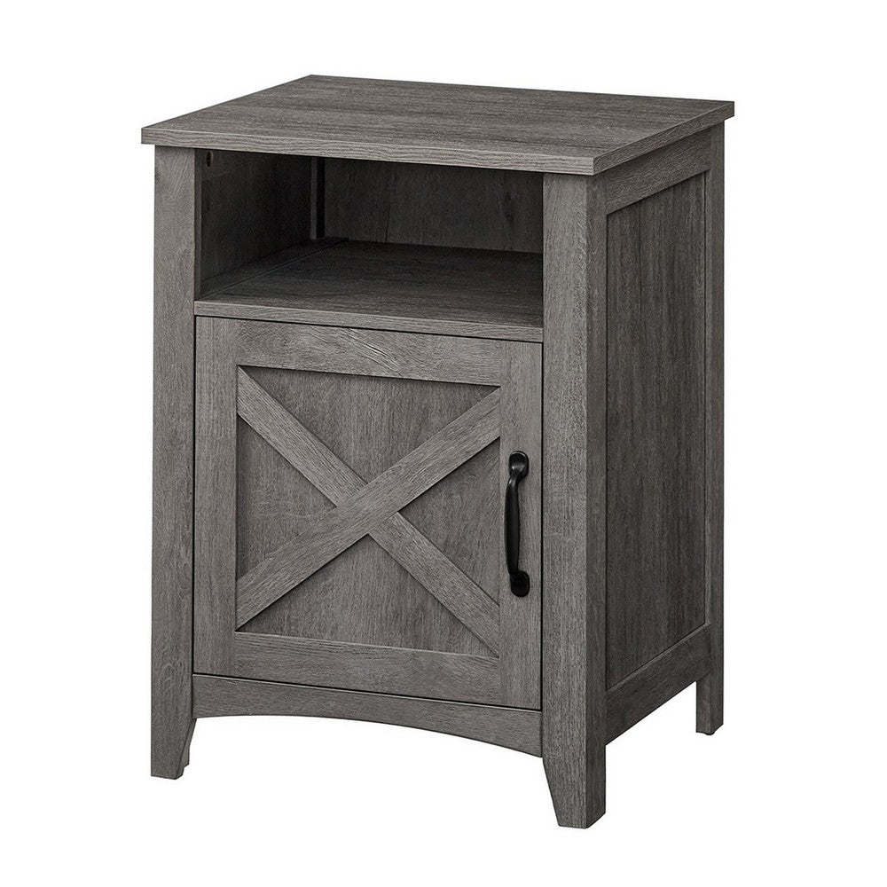 Eva 24 Inch Nightstand, 1 Barn Cabinet, Open Top Shelf, White and Gray - BM316382