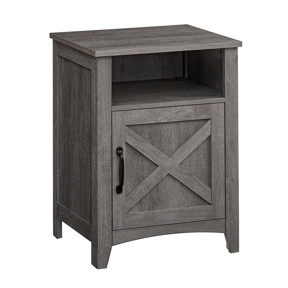 Eva 24 Inch Nightstand, 1 Barn Cabinet, Open Top Shelf, White and Gray - BM316382