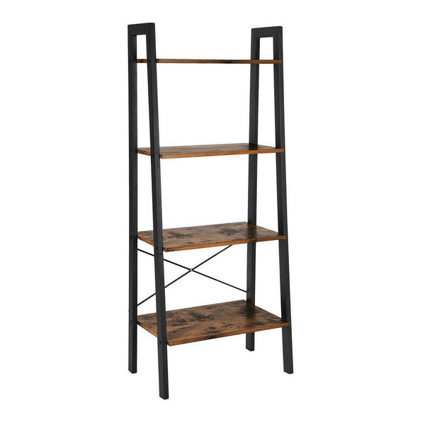 54 Inch Ladder Bookcase, 4 Tier Angled Wood Shelves, Black Iron Frame - BM316385