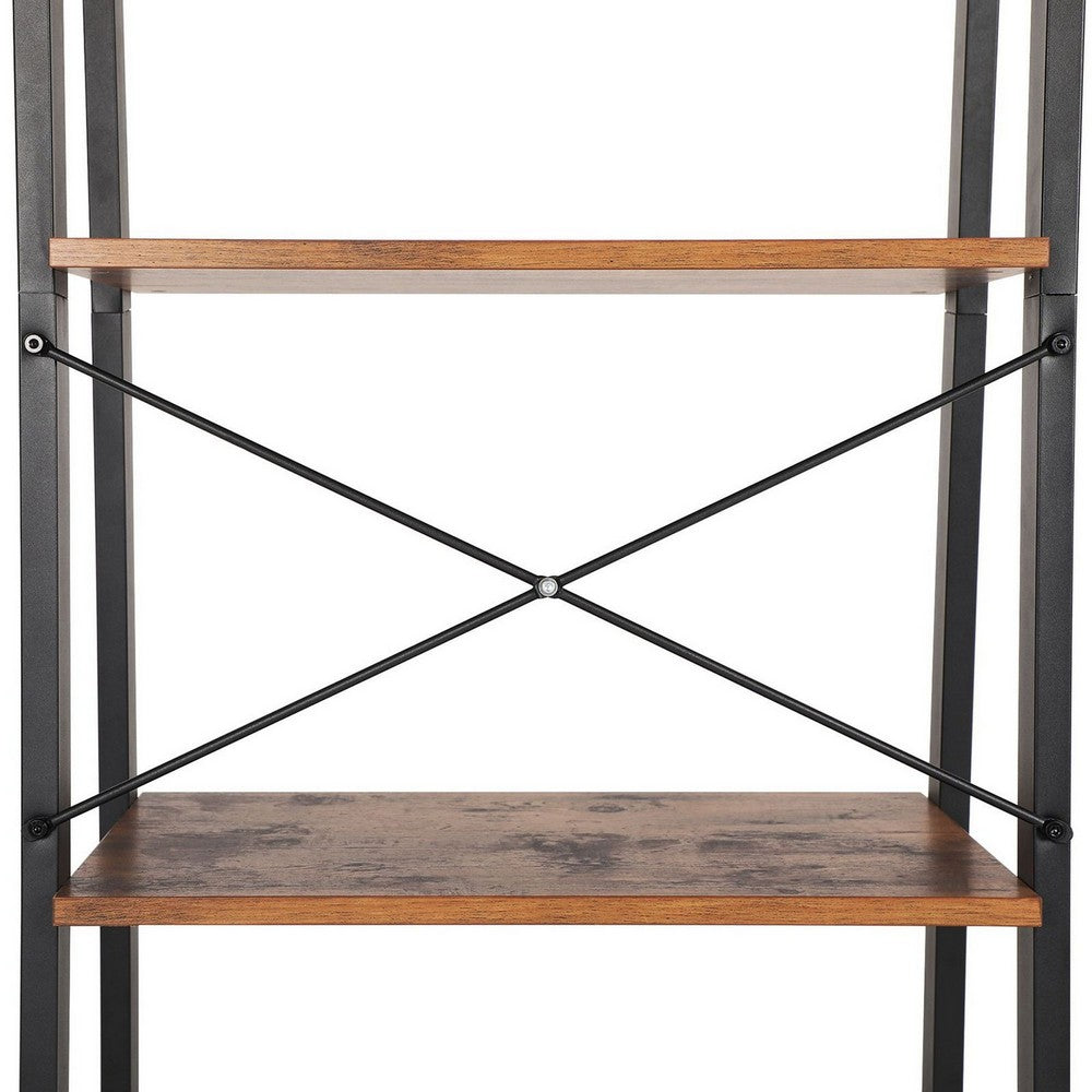 54 Inch Ladder Bookcase, 4 Tier Angled Wood Shelves, Black Iron Frame - BM316385