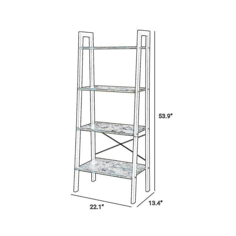 54 Inch Ladder Bookcase, 4 Tier Angled Wood Shelves, Black Iron Frame - BM316385