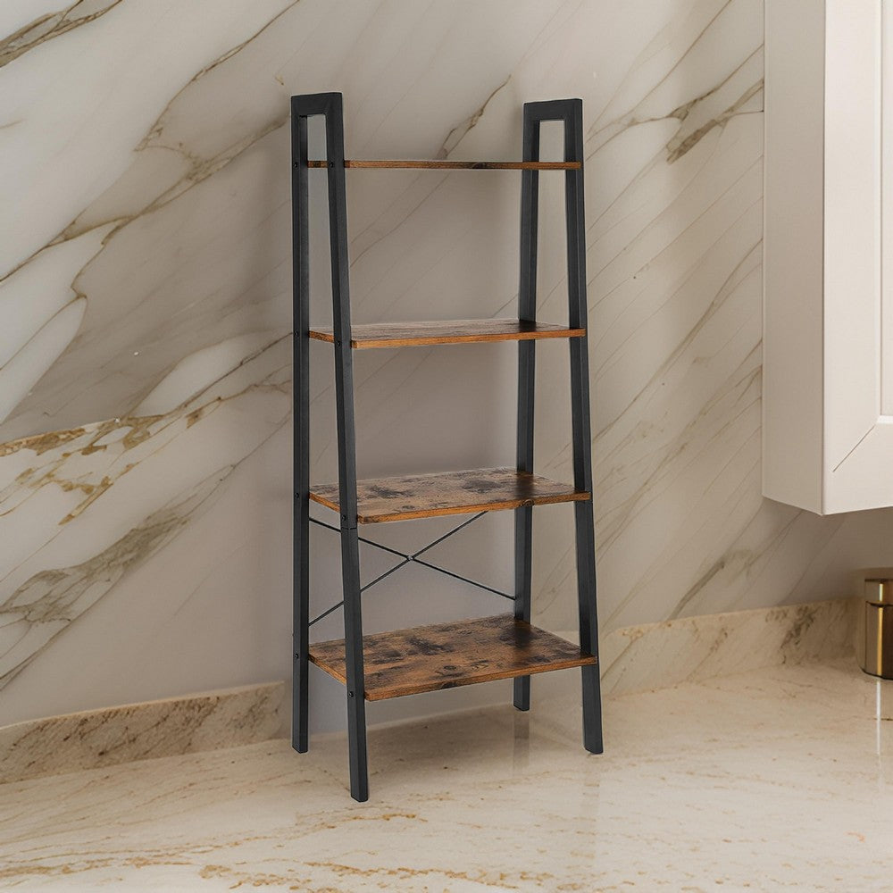 54 Inch Ladder Bookcase, 4 Tier Angled Wood Shelves, Black Iron Frame - BM316385